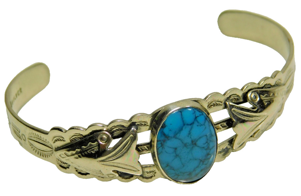 Vintage Bell Trading Post Nickel Silver Faux Turquoise Cuff Bracelet