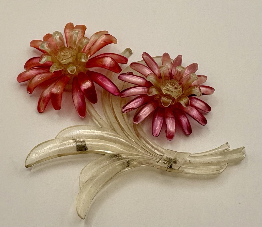 Vintage Pink Clear Lucite Style Flower Brooch Large Dimensional Floral Pin