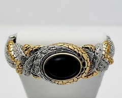 1990s 2 Tone Designer Look Crystal Black Cabochon Side Hinge Bangle Bracelet 7”
