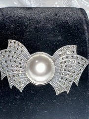 Vintage Judith Jack Sterling Silver 925 Marcasite and Faux Pearl Bow Brooch