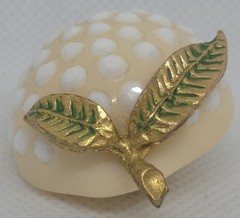 Vintage Peach Fruit White Faceted Rhinestone Polka Dot Brooch Green Leaf Stem