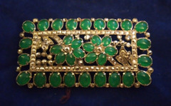 Antique Emerald Cabochon Flower Marcasite Pin Brooch Silver Tone Early 1900 RARE