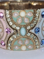 Vintage Wide Cuff Cloisonné Bracelet Ornate Enamel Rhinestone Gold-tone Jewelry