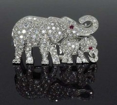 Elephant & Calf Inspire Art Deco Vintage Style Brooch 925 Silver Round CZ Stone