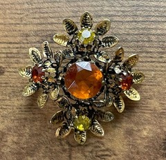 Vintage Austrian Rhinestone Brooch Autumn Orange Yellow Gold Tone Floral Pin