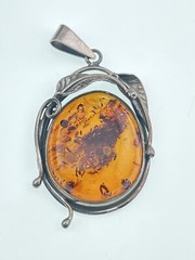 Natural Baltic Amber Organic Fossil 925 Silver Vintage Large Pendant Latvia 70s