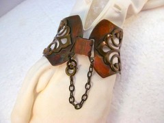 Vintage Wide Copper and Brass Art Nouveau Style Bracelet with Safety Chain
