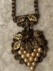 Rolled Gold Antique Grape Bunch Leaf Pendant Necklace Ornate Slide Clasp 1900s
