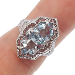Vintage DECO 14k Solid White Gold Natural Aquamarine Fancy Cut Filigree Ring