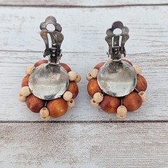 Vintage Clip On Earrings Brown & Tan Wooden Cluster Fall Autumn Tone