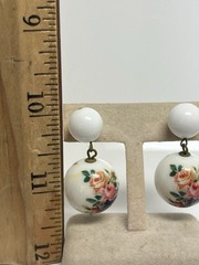 VTG W Germany White Lucite Floral Roses Beaded Post Dangle Earrings