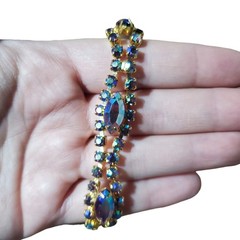 Vintage Gold Tone AB Aurora Borealis Rhinestone Bracelet Unsigned Costume