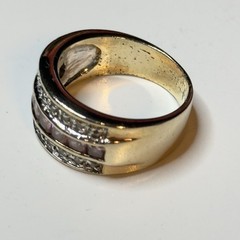 SETA square pink & clear round stone in 3 rows on gold 7/16″ wide band ring Sz 9