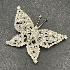 Mid Century Rhinestone Butterfly Brooch Silver Tone Navette Wings