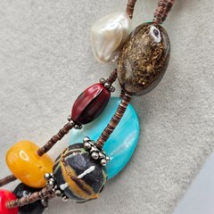 VINTAGE Genuine Stone Wood Three Strand Leather Boho Beaded Necklace
