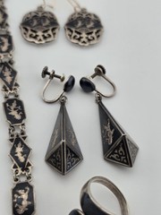 Rare Antique 1940s Siam Sterling Silver Niello Jewelry His And Hers Complete Set