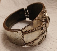 Vintage Silver tone rhinestones and black cabochon stone cuff bracelet
