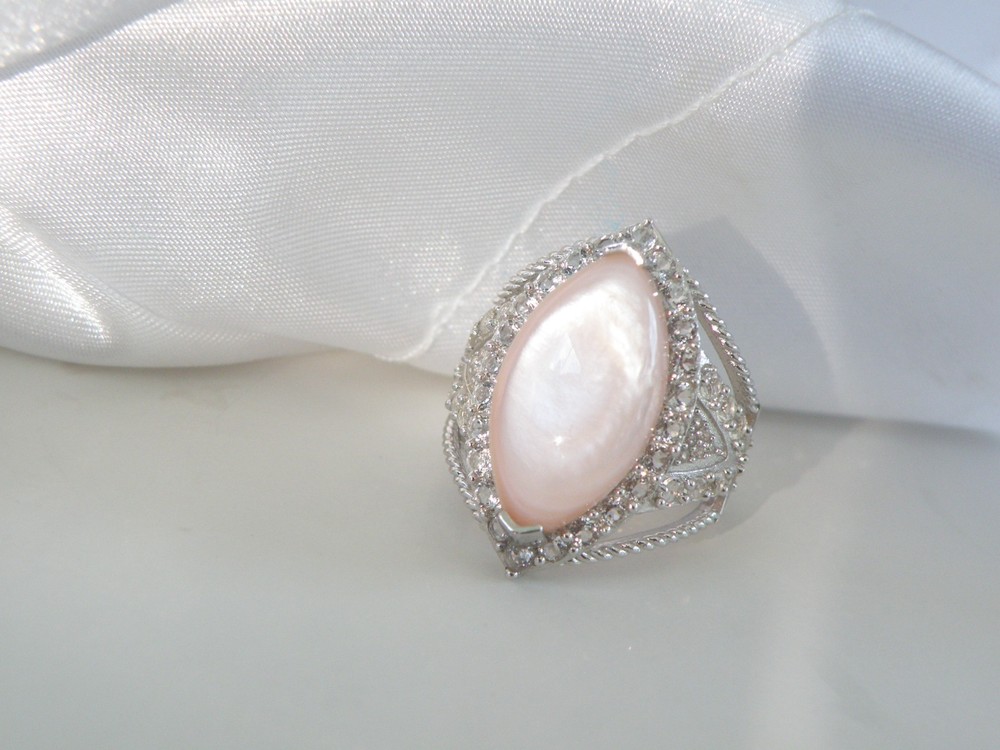 Large Sterling Silver 925 Pink MOP White Topaz Statement Ring Size 7