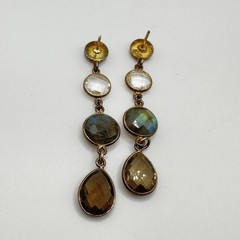 Dangle Gemstone Earrings Gold Over 925 Labradorite Smoky & Clear Quartz 2in Drop