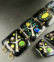 1950s/60s Enamel on Copper 3 Piece Studio Jewelry Set MCM Birds Trees Sunburst