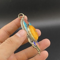 Handmade Masterpiece Old Ethnic Unique Tibetan Multi Colour Leaf Shape Pendant