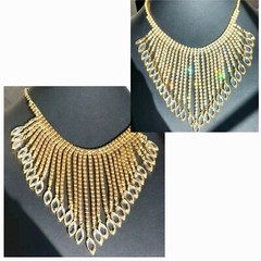 VTG Navette Bibb Necklace Gold Tone Statement AB Glass Graduated Reversible 1950