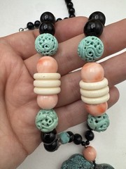 Large Chinese Longevity Pendant Necklace Coral Onyx Double Happiness 144g