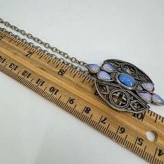 Vintage Miracle Celtic Pendant Necklace Blue Cabochon Faux Opal Silver Tone 17in