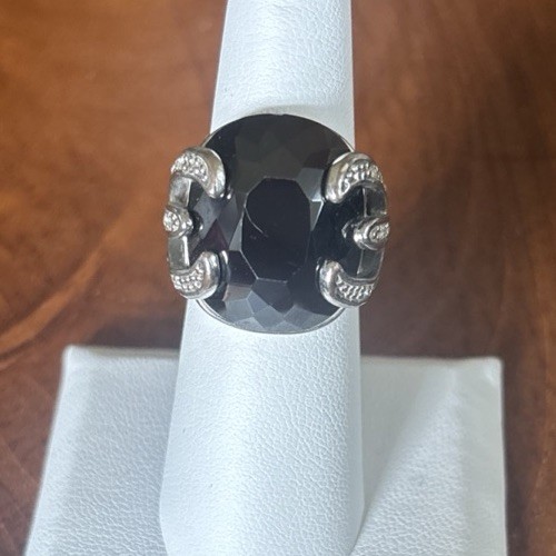 VTG Large Round Onyx Faceted Glass Gorgeous Stone With Rhinestone Accents 5.75
