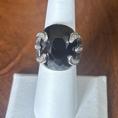 VTG Large Round Onyx Faceted Glass Gorgeous Stone With Rhinestone Accents 5.75