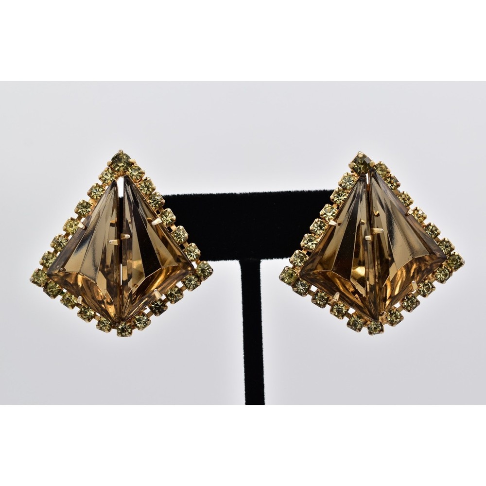 Vintage Crystal Clip On Earrings Pyramid Brown Gold Chunky Signed 1960s BinBF