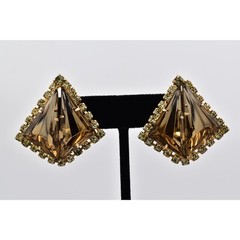 Vintage Crystal Clip On Earrings Pyramid Brown Gold Chunky Signed 1960s BinBF
