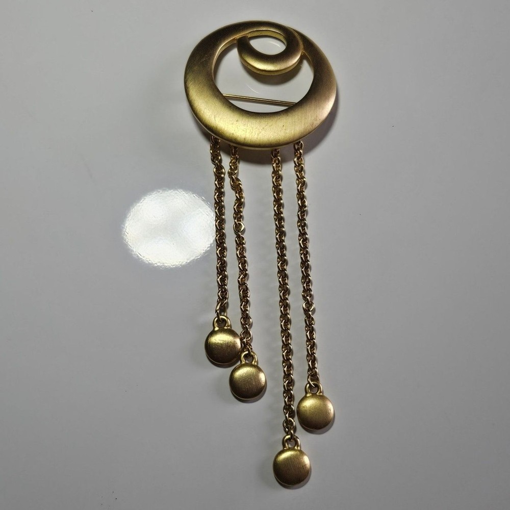 Tona Jewelry Signed Gold Design Swirl Brooch 4 Charms Dangling from 4 Chains