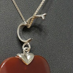 HUGE ESTATE STERLING SILVER FACETED CARNELIAN HEART OPEN SLIDE NECKLACE 18″ LONG