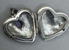 VINTAGE HEART LOCKET AMETHYST STERLING SILVER 925 PENDANT MARCASITE LOVE RETRO