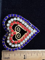 Vintage Patriotic USA Triple Heart Brooch Red White Blue Rhinestones Pin