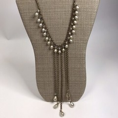 Vintage Art Deco Brass Glass Dangler Faux Pearl Statement Necklace
