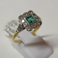 Vintage Style Edwardian Emerald and Lab Created Diamond Ring In 14k Gold Finish