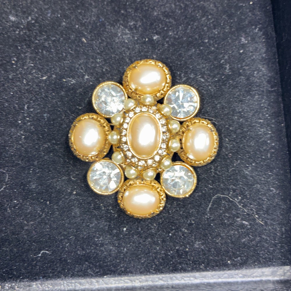 2 Inch Graziano Brooch Rhinestones And Faux Pearls.