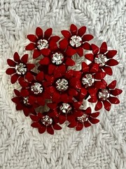 Vintage Red Daisy Flower Brooch Pin Rhinestone Center