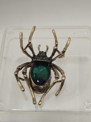 Green Rhinestone And Glass Spider Brooch Unbranded