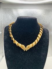 Vintage Brushed Gold Tone Leaf Snake Link Collar Bib Greek Goddess 16” Necklace