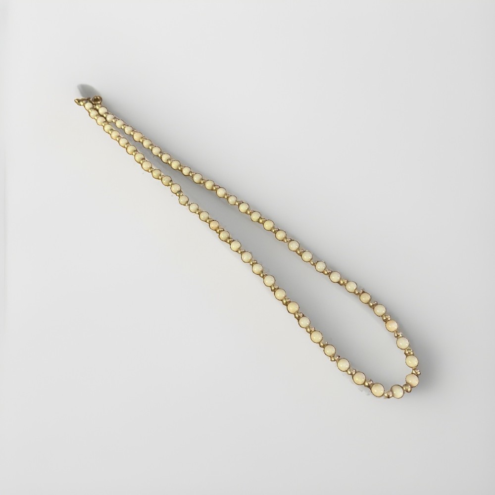 Vintage Latvia White Beaded Necklace Baltic Handmade Gold Tone Minimalist Retro