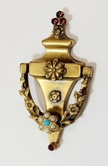 Vintage 1940’s CORO Door Knocker Red Rhinestone Faux Pearl Flowers Brooch