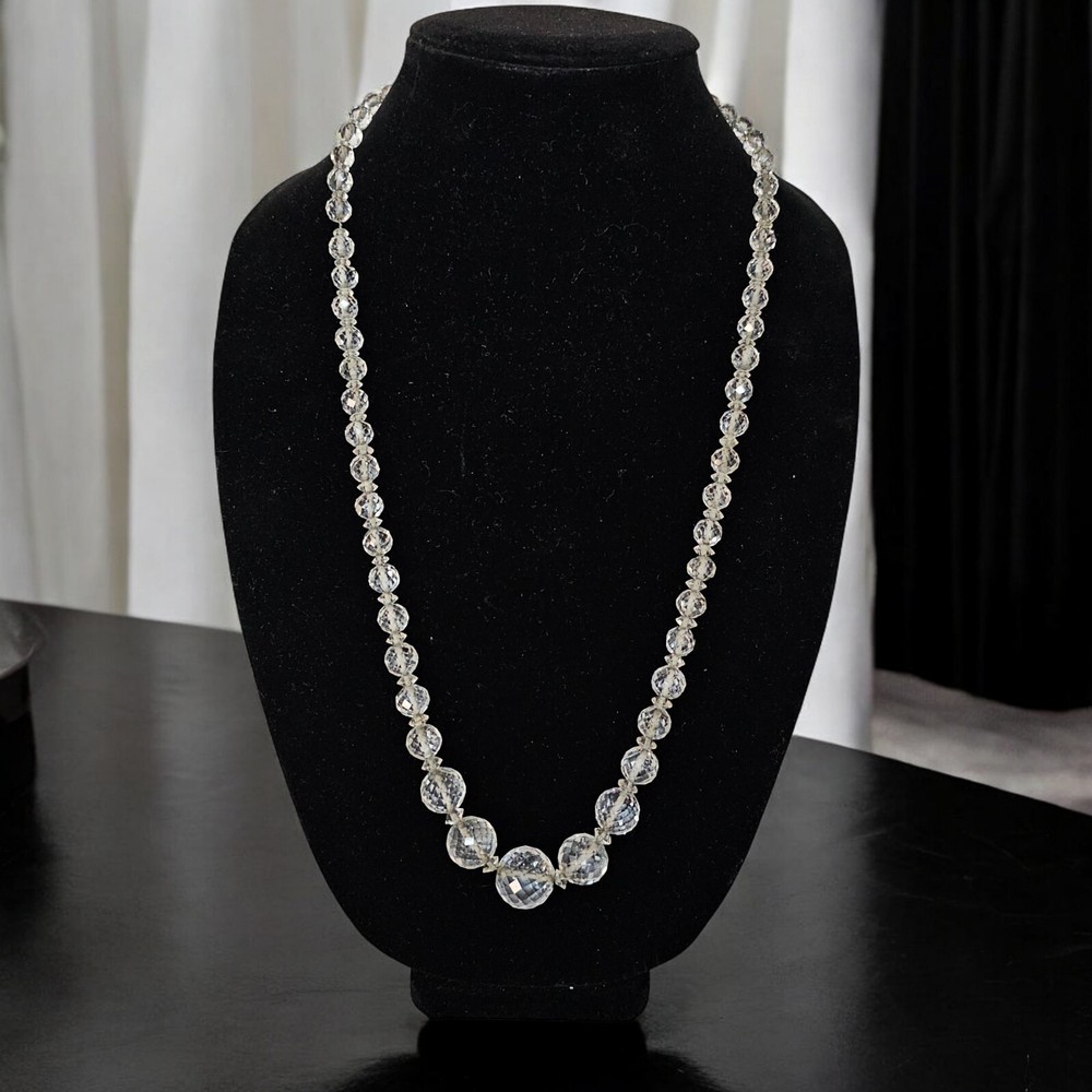 Vtg Art Deco Rock Crystal Quartz Faceted Bead 28″ Necklace Sterling Chain