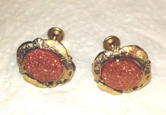 Vintage Screwback Goldtone Copper Glitter Cabochon Earrings Old Estate Jewelry