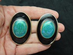 Vintage 1980’s Gold Tone Black w/Teal & Green Oversize Pierced Earrings