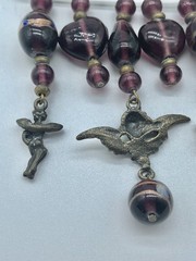 Vintage Charm Holder Safety Pin Brooch Dangling Purple Beaded Hearts Cupid Angel
