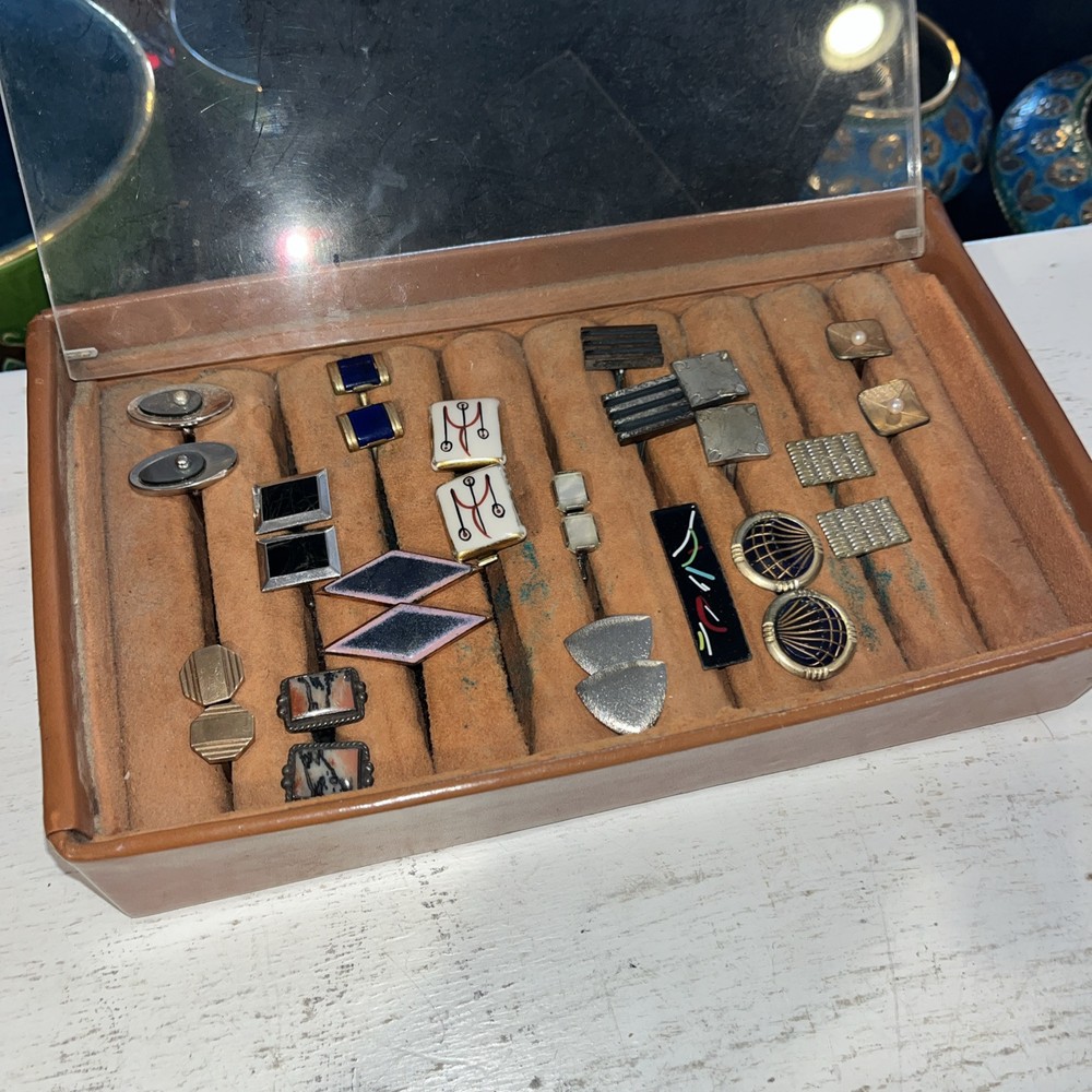 14 Pairs Vintage MCM Sterling Silver Cufflinks Unknown Makers Enamel Copper