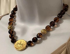 JADED Jewels NY Signed Etruscan Roman Coin Revival Glass Beaded Pendant Necklace